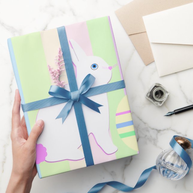 Happy Easter Bunny and Eggs on Stripes Wrapping Paper (Gifting)