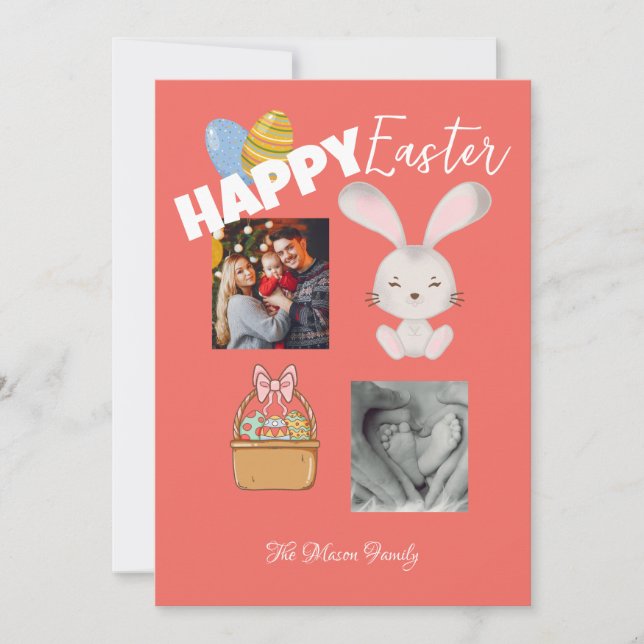 Happy Easter Bunny and Eggs Red Family Photo Holiday Card (Front)