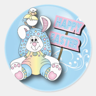 Happy Easter Bunny and Friend Classic Round Sticker