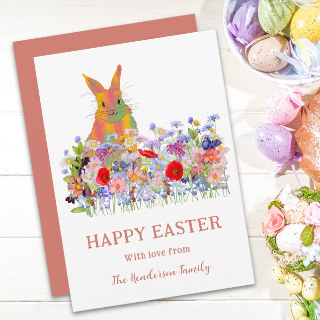 Happy Easter Bunny and Wildflowers Holiday Postcard (Personalized happy Easter cute bunny colorful watercolor wildflower floral holiday greeting postcard)