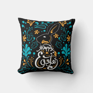 Happy Easter Bunny, Artsy Abstract Floral, Black Cushion