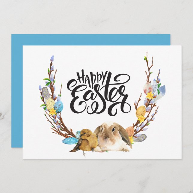 Happy Easter | Bunny Baby Chick with Willow branch Holiday Card (Front/Back)