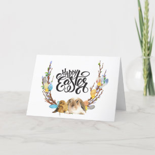 Happy Easter Bunny Baby Chick with Willow branch Holiday Card