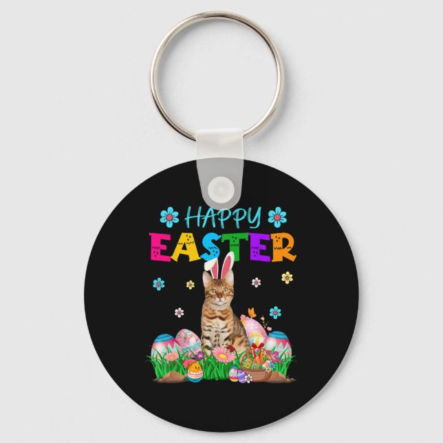 Happy Easter Bunny Bengal Cat Hunting Eggs Colourf Key Ring (Front)