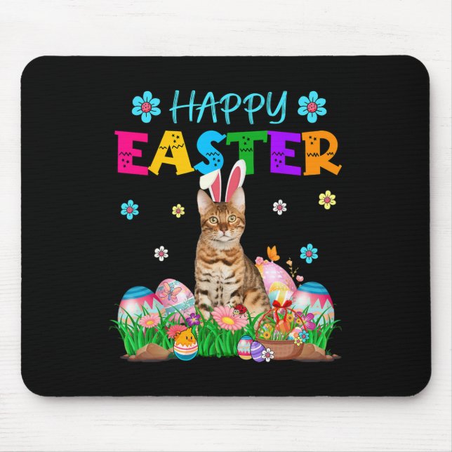 Happy Easter Bunny Bengal Cat Hunting Eggs Colourf Mouse Pad (Front)