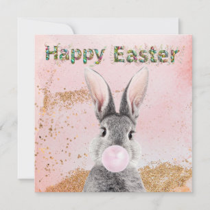 Happy Easter Bunny blowing Pink Bubble gum Holiday Card