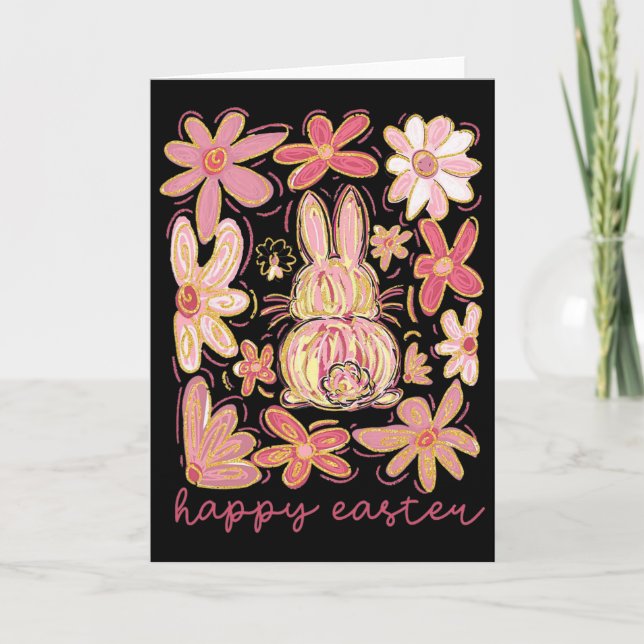 Happy Easter Bunny Boho Easter Coquette Floral Pin Card (Front)