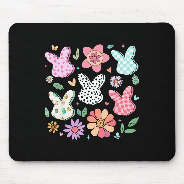Happy Easter Bunny Boho Floral Plaid Bunny Rabbit  Mouse Pad (Front)