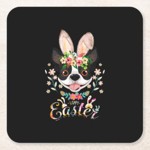 Happy Easter Bunny Boston Terrier Lovers With East Square Paper Coaster