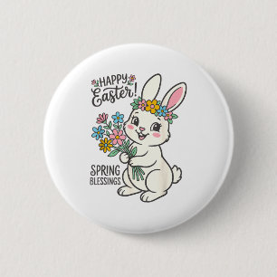 Happy Easter Bunny Bouquet Spring Blessings Floral 6 Cm Round Badge