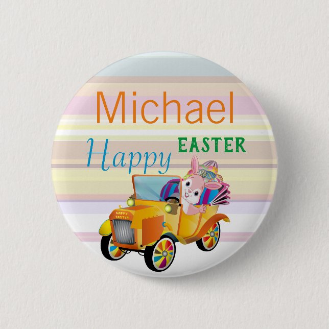 Happy Easter Bunny Car Personalised Name Kids 6 Cm Round Badge (Front)