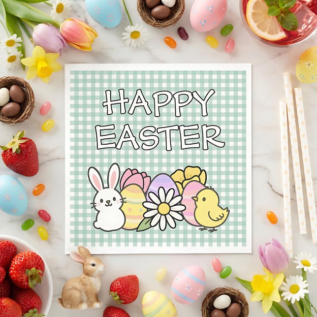 Happy Easter Bunny Chick Eggs Floral Green Gingham Napkin (Creator Uploaded)