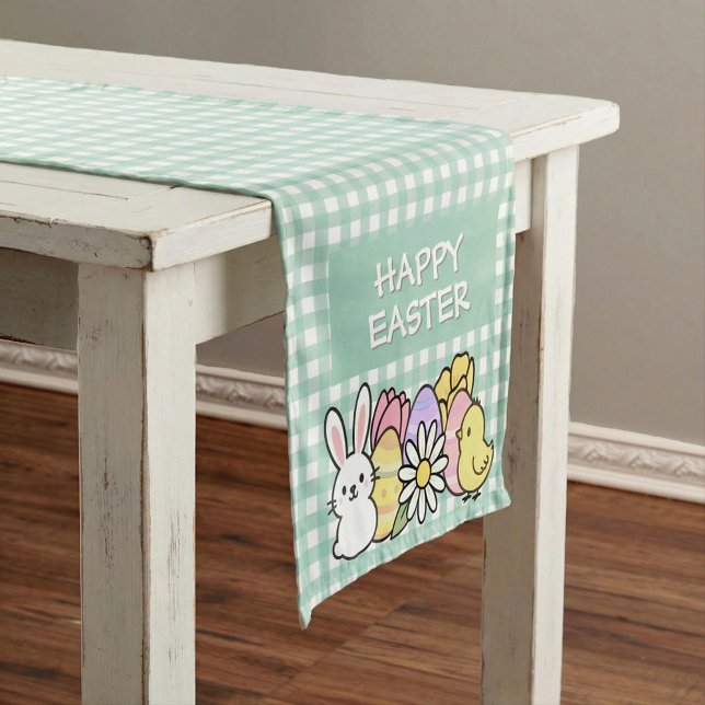 Happy Easter Bunny Chick Eggs Green Gingham Short Table Runner (Creator Uploaded)