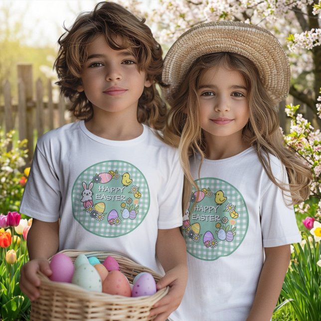 Happy Easter Bunny Chick Eggs Green Gingham T-Shirt (Creator Uploaded)