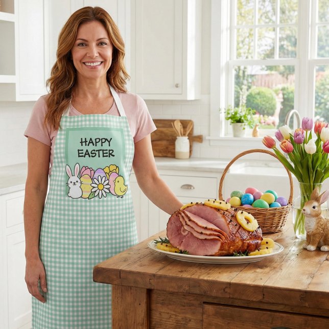 Happy Easter Bunny Chick Green Gingham Apron (Creator Uploaded)