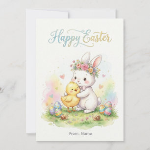 Happy Easter Bunny & Chick Hug Holiday Card
