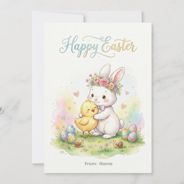 Happy Easter Bunny & Chick Hug Holiday Card (Front)