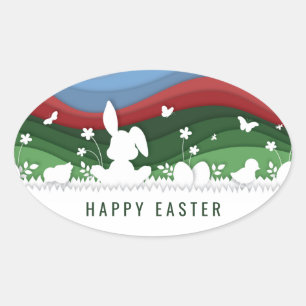 Happy easter bunny chicks and egg in nature oval sticker