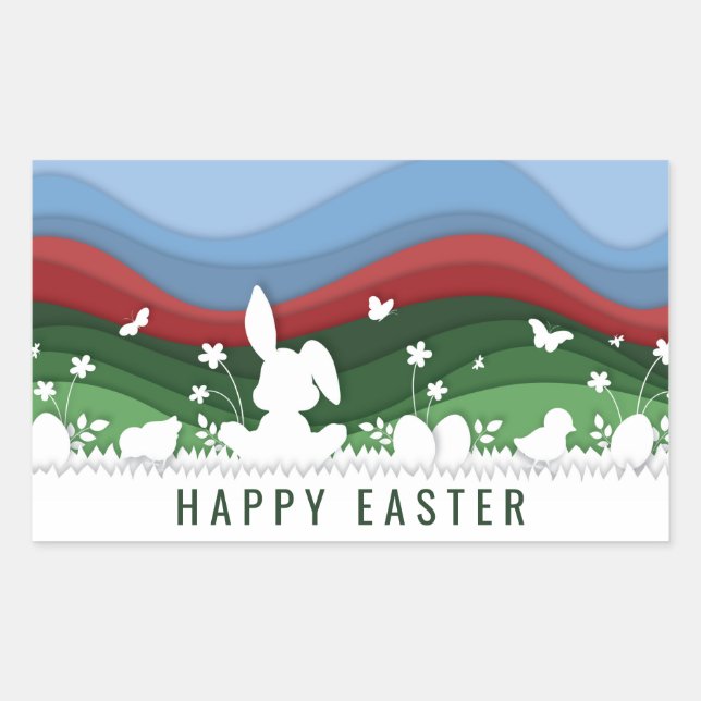 Happy easter bunny chicks and egg in nature rectangular sticker (Front)