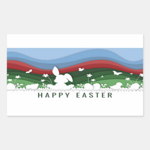 Happy easter bunny chicks and egg in nature rectangular sticker