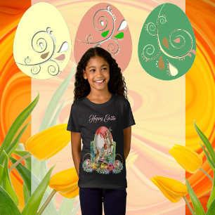 Happy Easter Bunny Chicks Watercolor Floral Wreath T-Shirt