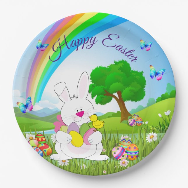 Happy Easter Bunny Coloured Eggs Cute Paper Plate (Front)