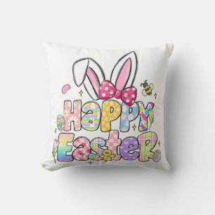 Happy Easter Bunny Colourful Spring Floral Cushion