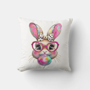Happy Easter Bunny Coquette Bow Brushstroke Easter Cushion