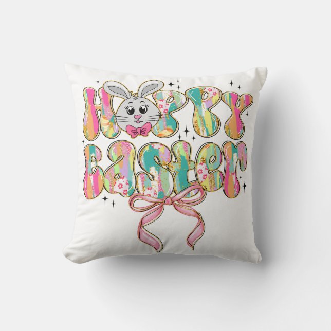 Happy Easter Bunny Coquette Bow Cushion (Front)