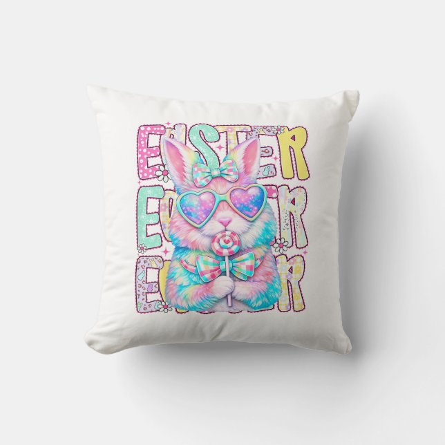 Happy Easter Bunny Coquette Bow Preppy Easter Day  Cushion (Front)