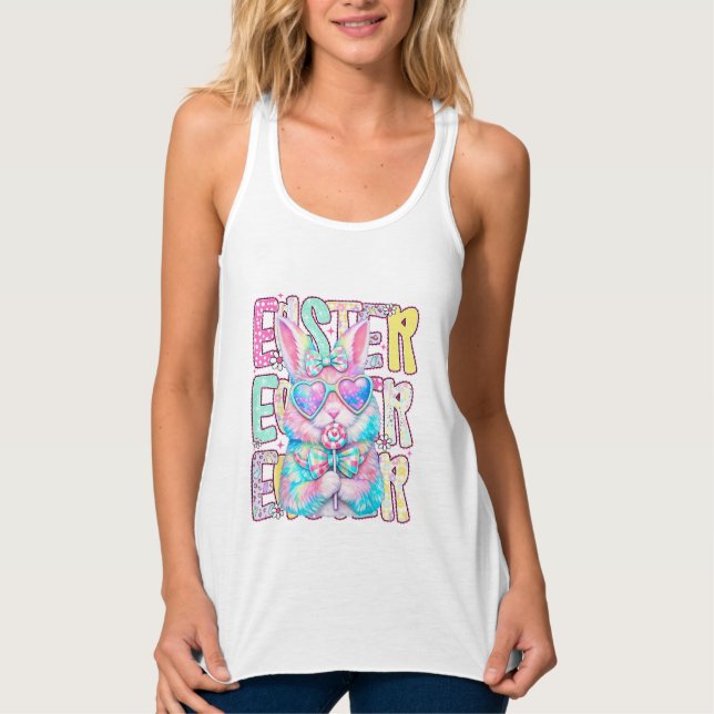 Happy Easter Bunny Coquette Bow Preppy Easter Day  Singlet (Front)