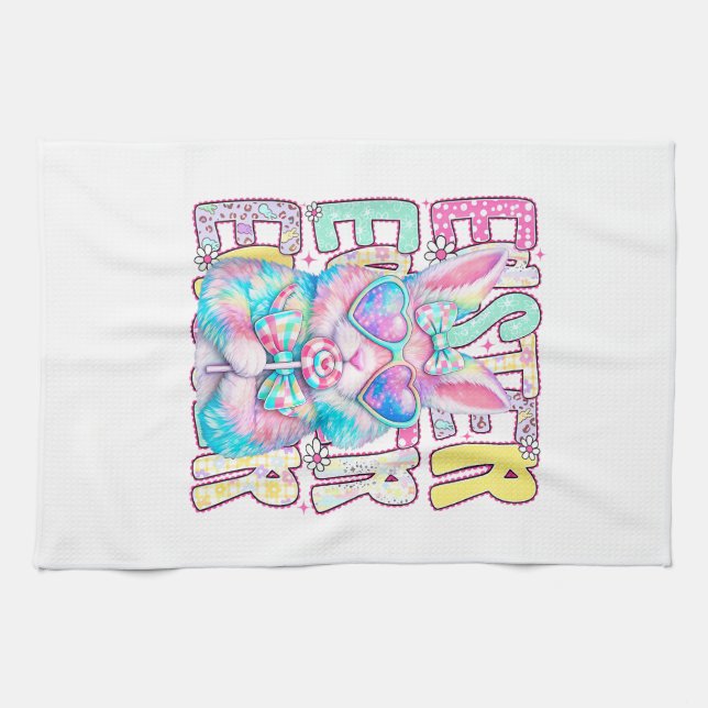 Happy Easter Bunny Coquette Bow Preppy Easter Day  Tea Towel (Horizontal)