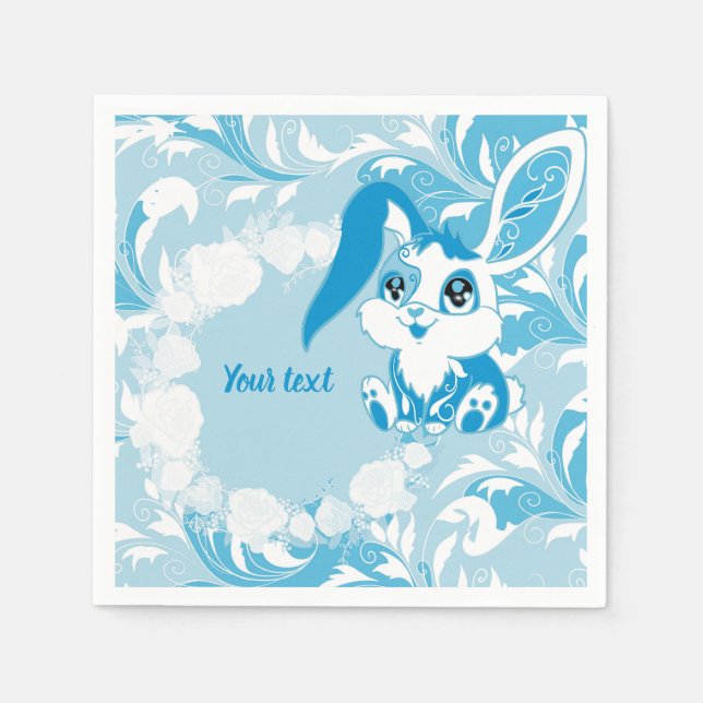 Happy Easter Bunny  Cute Blue Kawaii Napkin (Front)