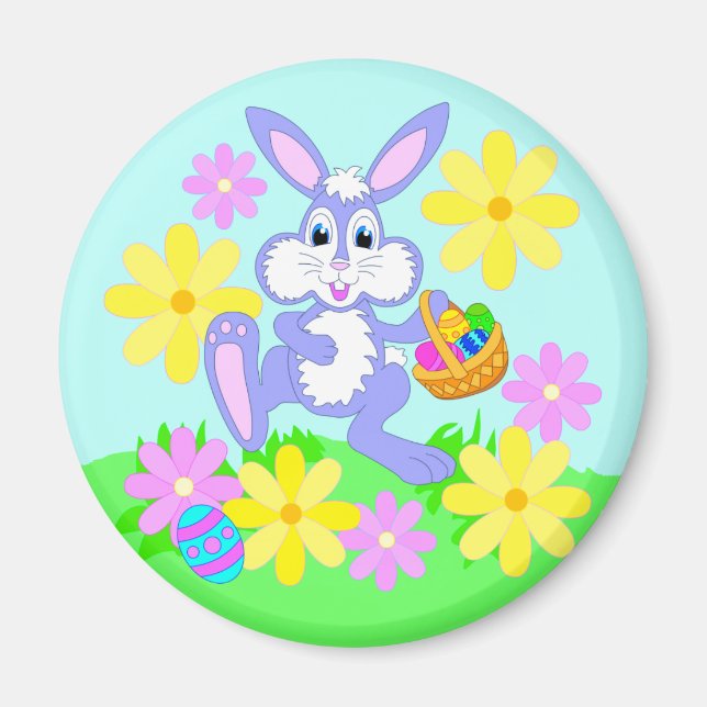 Happy Easter Bunny Cute Cartoon Rabbit Flowers Magnet (Front)