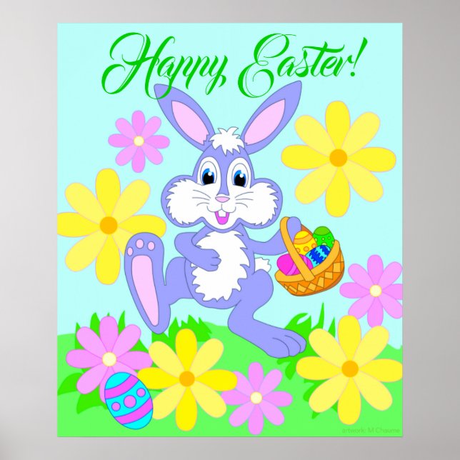 Happy Easter Bunny Cute Cartoon Rabbit Flowers Poster (Front)