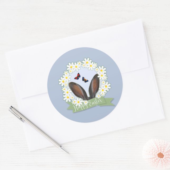 Happy Easter Bunny Ears Daisies Wreath Classic Round Sticker (Envelope)
