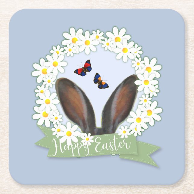 Happy Easter Bunny Ears Daisies Wreath Square Paper Coaster (Front)