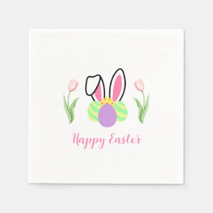 Happy Easter Bunny Ears Eggs and Pink Tulips Napkin