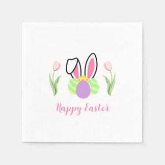 Happy Easter Bunny Ears Eggs and Pink Tulips Napkin