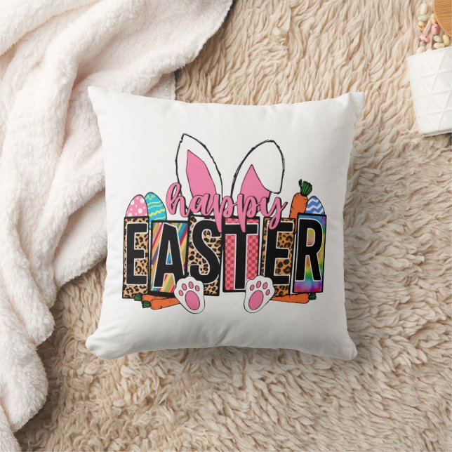 Happy Easter Bunny Ears Leopard Print Plaid Graphi Cushion (Blanket)