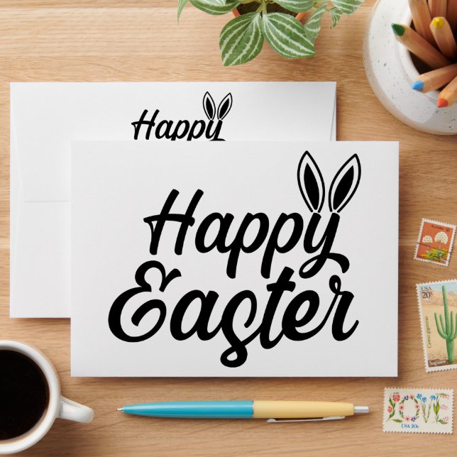 Happy Easter, Bunny Ears On Black Text Envelope (Desk)