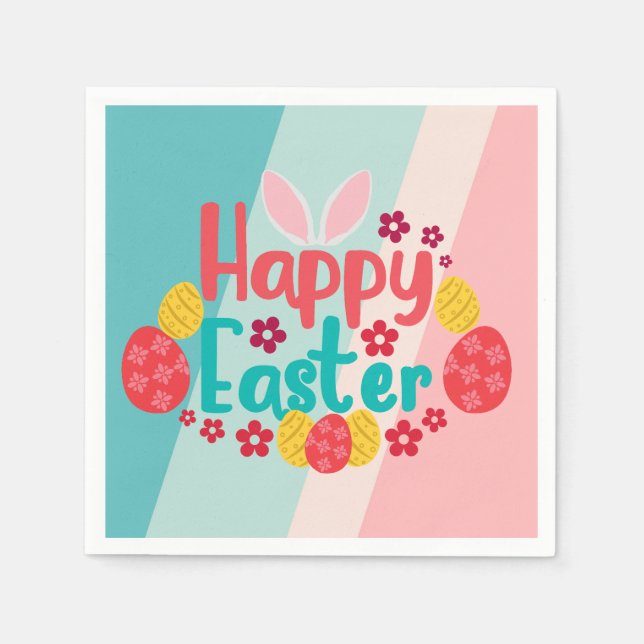 Happy Easter Bunny Ears Pink Blue Eggs  Napkin (Front)