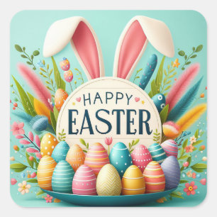 Happy Easter Bunny Ears Square Sticker