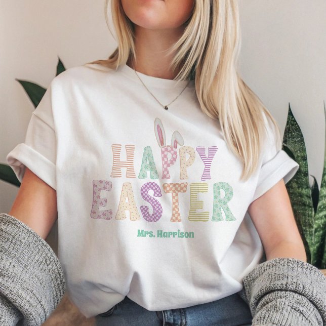 Happy Easter Bunny Ears Teacher Name Typography  Tri-Blend Shirt (Creator Uploaded)