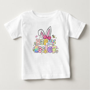 Happy Easter Bunny Ears with Coquette Bow Baby T-Shirt
