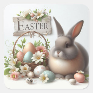 Happy Easter,  Bunny, Easter Eggs and Flowers Square Sticker