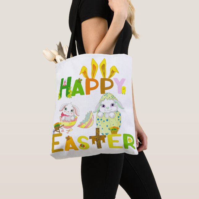 Happy Easter Bunny Egg Colourful Elegant Fun Moder Tote Bag (Close Up)