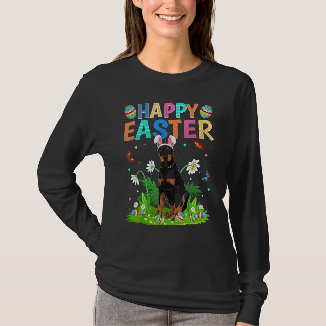 Happy Easter Bunny Egg Funny Doberman Dog Easter S T-Shirt (Front)