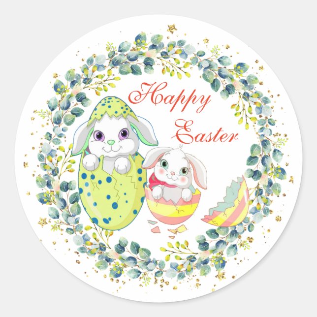 Happy Easter Bunny Egg Green Wreath Foliage Classic Round Sticker (Front)
