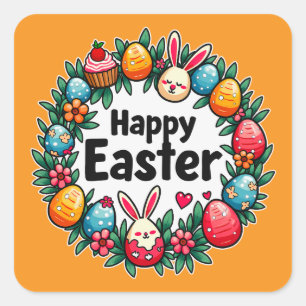 Happy Easter – Bunny & Eggs - Autocolante Square Sticker